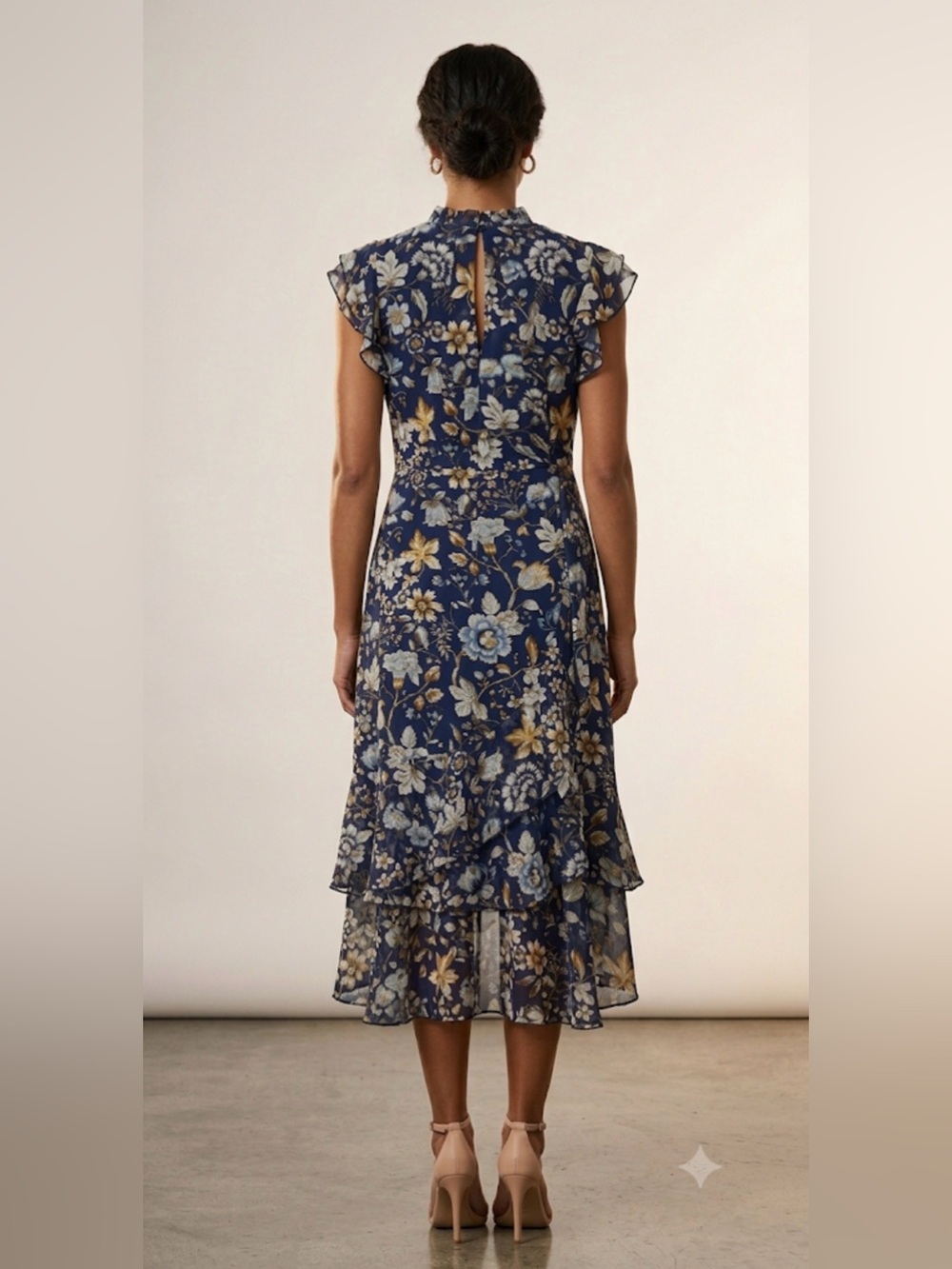 Floral Ruffle High-Low Midi Dress in Navy - Picture 2 of 3